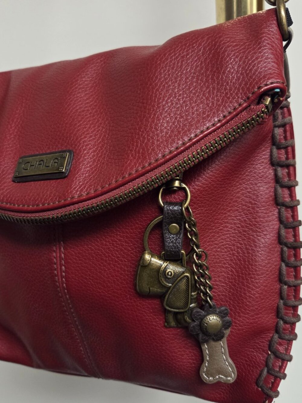Red Chala Leather Crossbody Bag with Zipper Flap Top w/Paw Dog Theme Purse Charm - Picture 6 of 8